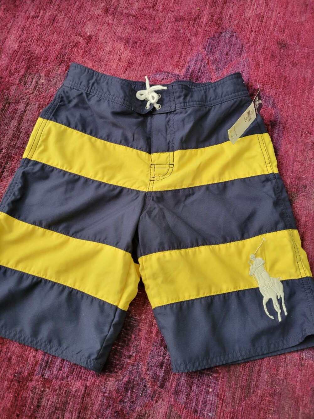 Polo Ralph Lauren Big Boys Navy/Yellow Big Pony Logo Swim Trunk Shorts sz 10-12